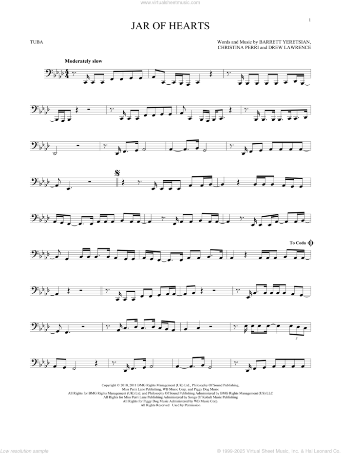 Jar Of Hearts sheet music for Tuba Solo (tuba) by Christina Perri, Barrett Yeretsian and Drew Lawrence, intermediate skill level