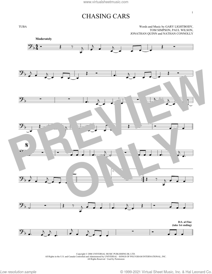 Chasing Cars sheet music for Tuba Solo (tuba) by Snow Patrol, Gary Lightbody, Jonathan Quinn, Nathan Connolly, Paul Wilson and Tom Simpson, intermediate skill level