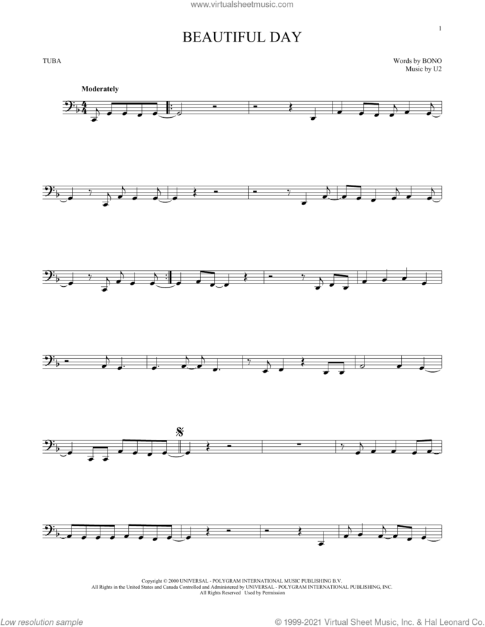 Beautiful Day sheet music for Tuba Solo (tuba) by U2 and Bono, intermediate skill level