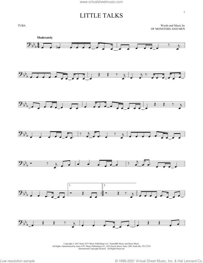 Little Talks sheet music for Tuba Solo (tuba) by Of Monsters And Men, intermediate skill level