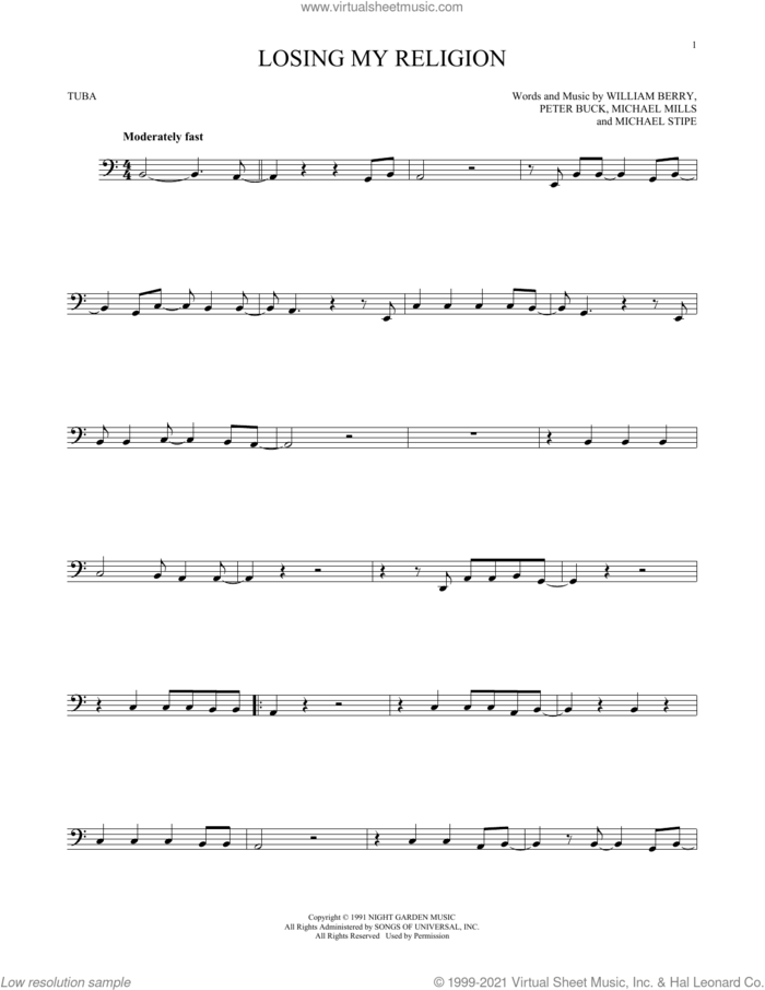 Losing My Religion sheet music for Tuba Solo (tuba) by R.E.M., Michael Stipe, Mike Mills, Peter Buck and William Berry, intermediate skill level