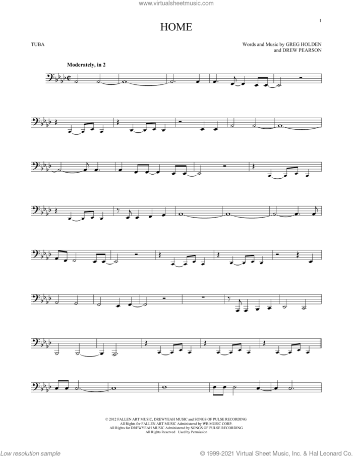 Home sheet music for Tuba Solo (tuba) by Phillip Phillips, Drew Pearson and Greg Holden, intermediate skill level