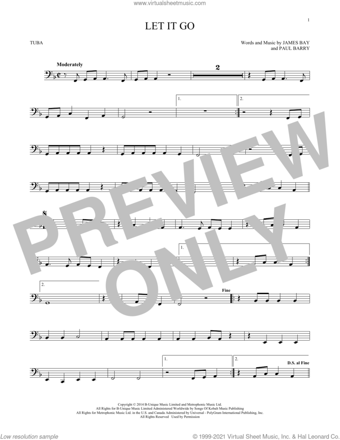 Let It Go sheet music for Tuba Solo (tuba) by James Bay and Paul Barry, intermediate skill level