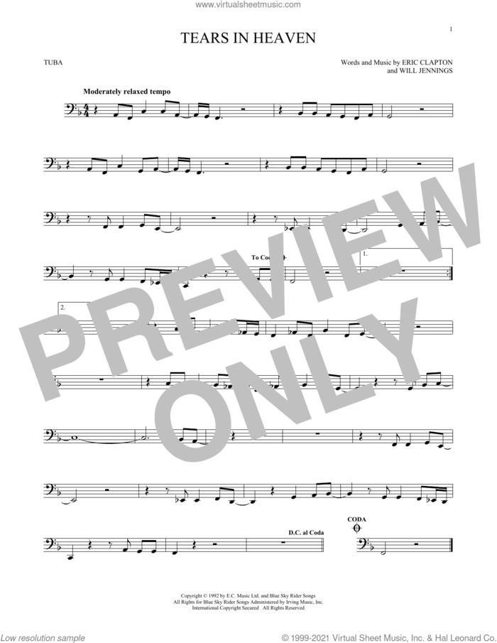 Tears In Heaven sheet music for Tuba Solo (tuba) by Eric Clapton and Will Jennings, intermediate skill level