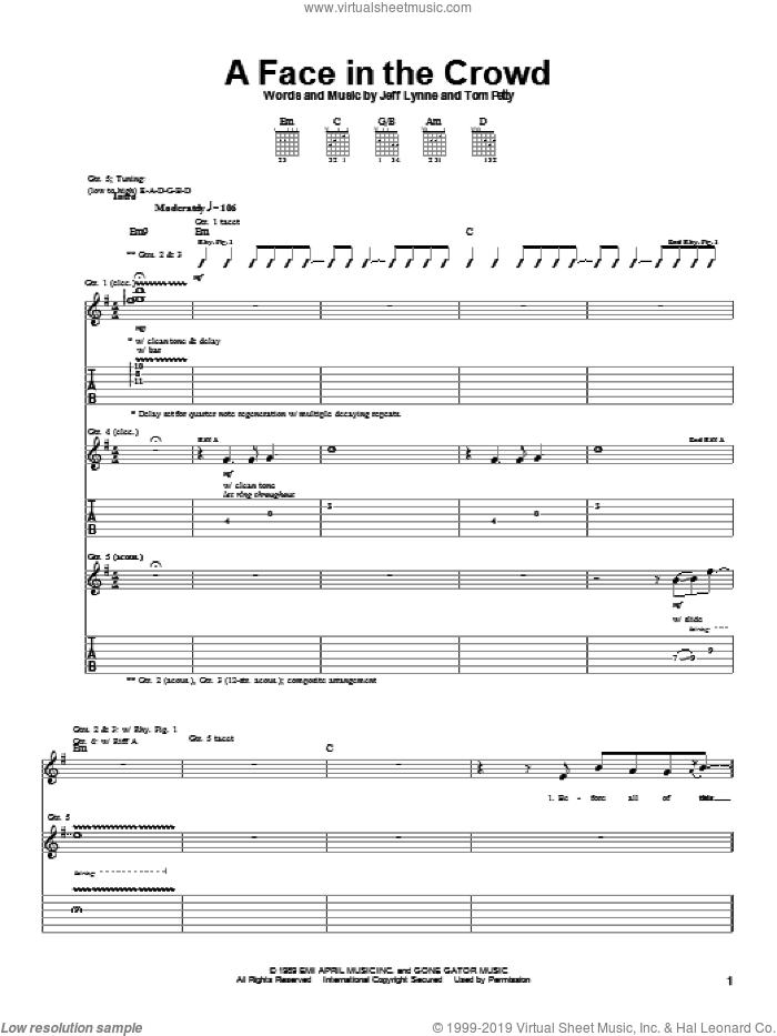 A Face In The Crowd sheet music for guitar (tablature) by Tom Petty and Jeff Lynne, intermediate skill level