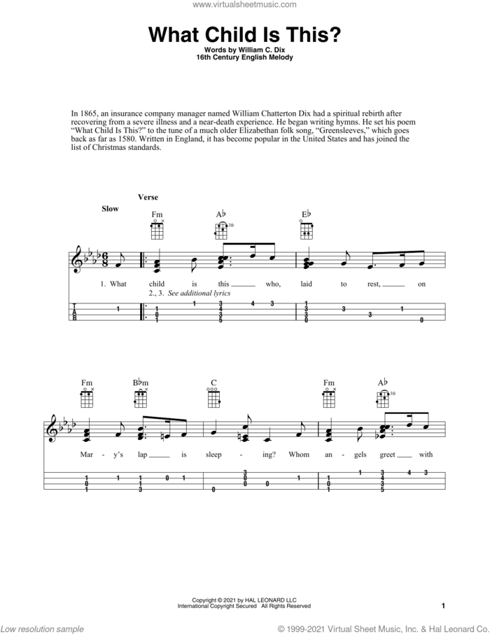 What Child Is This? (arr. Fred Sokolow) sheet music for ukulele by William Chatterton Dix, Fred Sokolow and Miscellaneous, intermediate skill level