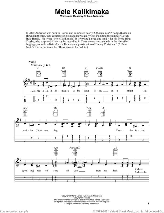 Mele Kalikimaka (arr. Fred Sokolow) sheet music for ukulele by Bing Crosby, Fred Sokolow and R. Alex Anderson, intermediate skill level