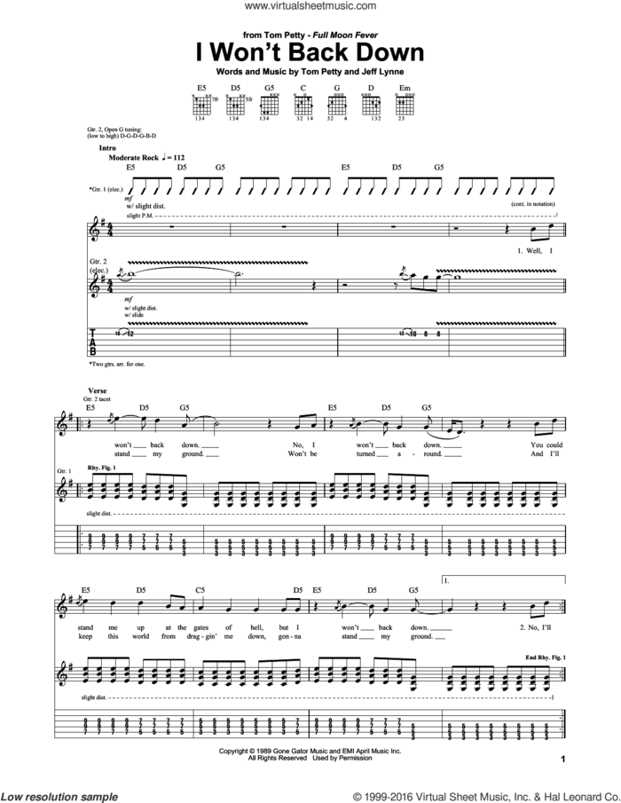 I Won't Back Down sheet music for guitar (tablature) by Tom Petty and Jeff Lynne, intermediate skill level