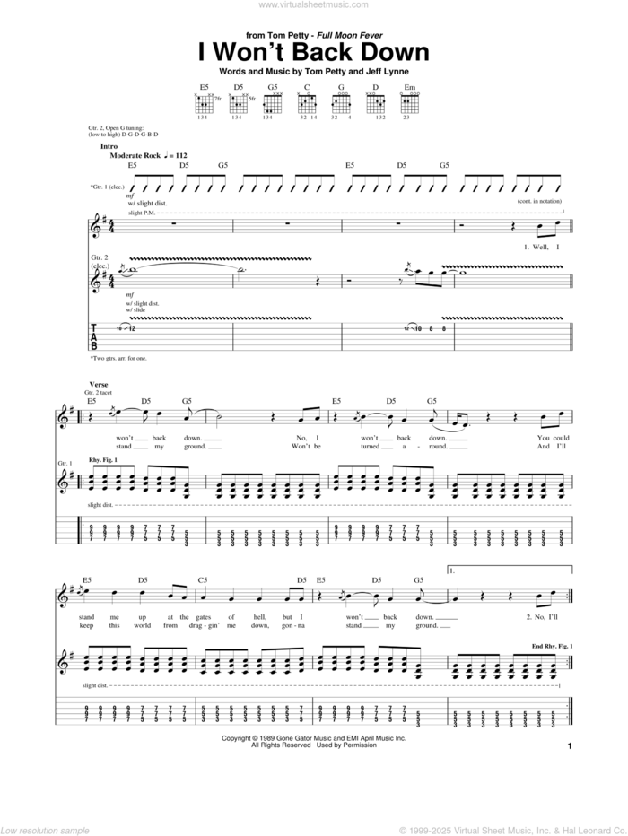 I Won't Back Down sheet music for guitar (tablature) by Tom Petty and Jeff Lynne, intermediate skill level