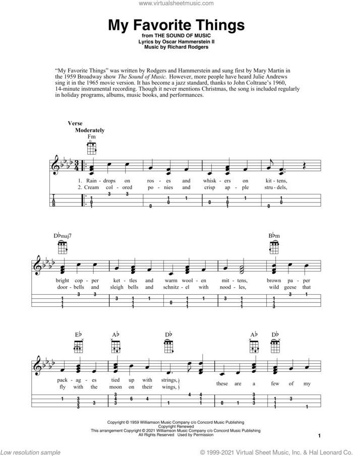 My Favorite Things (arr. Fred Sokolow) sheet music for ukulele by Rodgers & Hammerstein, Fred Sokolow, Oscar II Hammerstein and Richard Rodgers, intermediate skill level