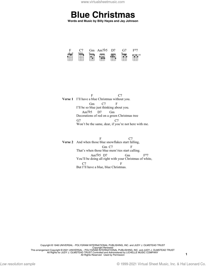 Blue Christmas (arr. Fred Sokolow) sheet music for ukulele by Elvis Presley, Fred Sokolow, Billy Hayes and Jay Johnson, intermediate skill level