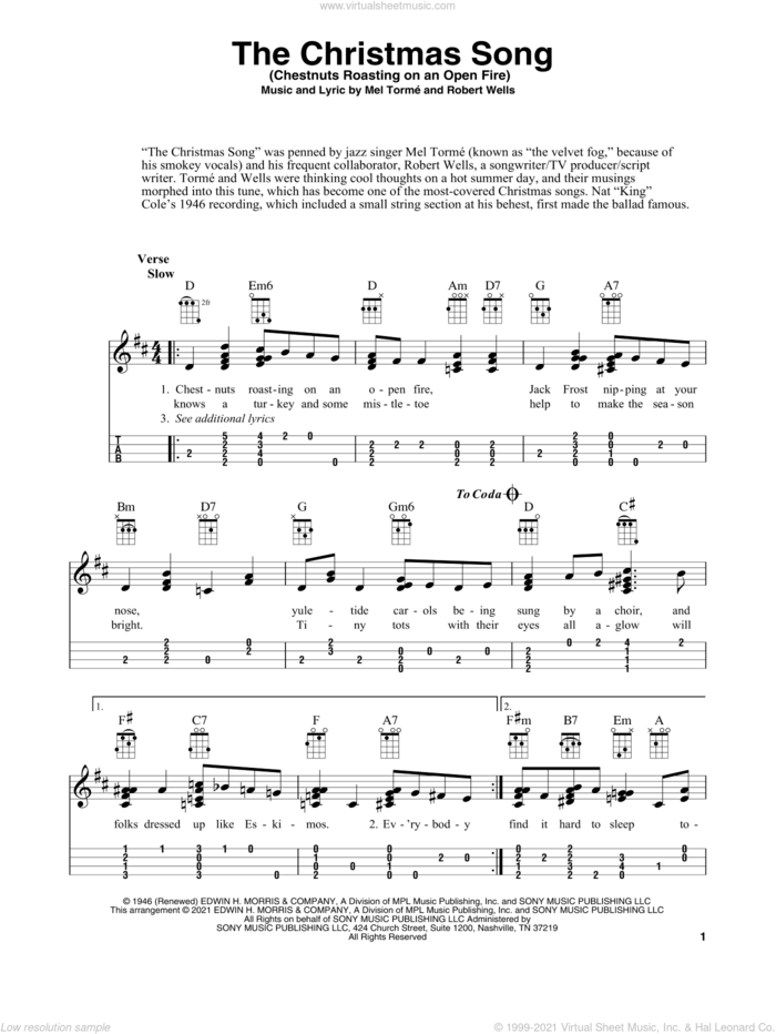 The Christmas Song (Chestnuts Roasting On An Open Fire) (arr. Fred Sokolow) sheet music for ukulele by Mel Torme, Fred Sokolow and Robert Wells, intermediate skill level