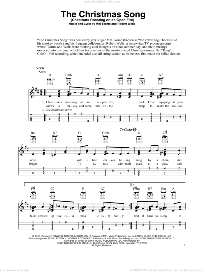 The Christmas Song (Chestnuts Roasting On An Open Fire) (arr. Fred Sokolow) sheet music for ukulele by Mel Torme, Fred Sokolow and Robert Wells, intermediate skill level