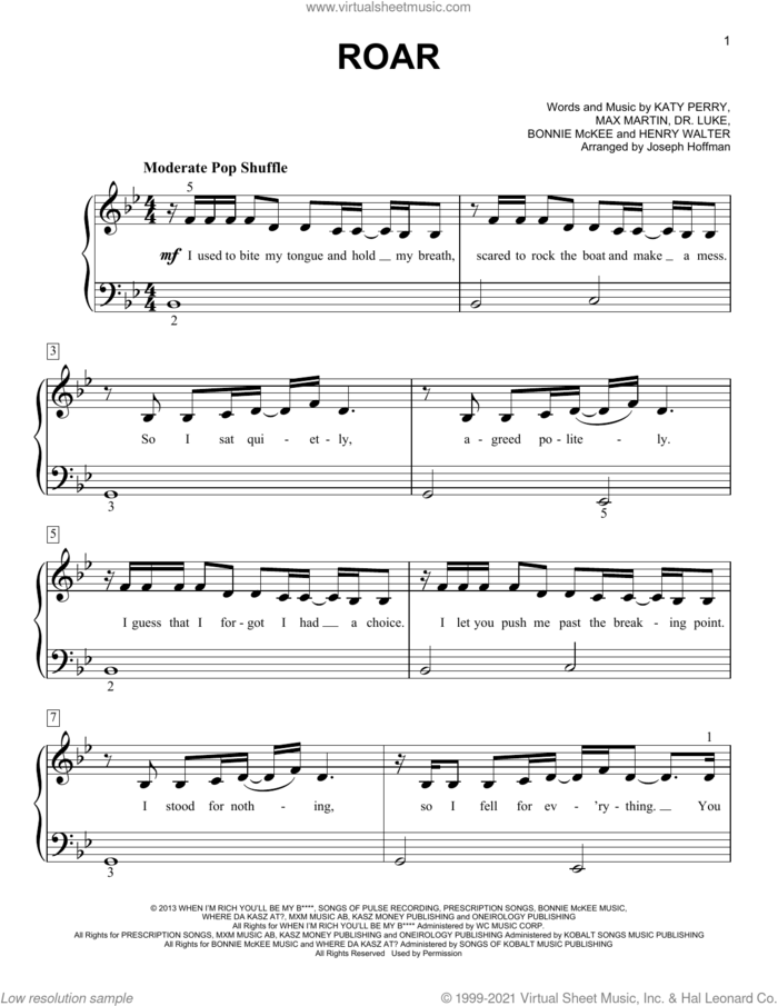 Roar (arr. Joseph Hoffman) sheet music for piano solo by Katy Perry, Joseph Hoffman, Bonnie McKee, Dr. Luke, Henry Walter, Lukasz Gottwald and Max Martin, easy skill level