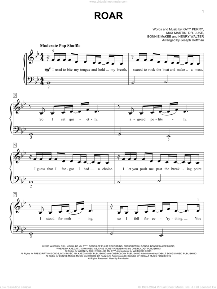 Roar (arr. Joseph Hoffman) sheet music for piano solo by Katy Perry, Joseph Hoffman, Bonnie McKee, Dr. Luke, Henry Walter, Lukasz Gottwald and Max Martin, easy skill level