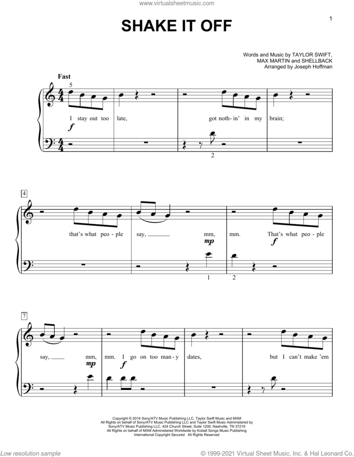 Shake It Off (arr. Joseph Hoffman) sheet music for piano solo by Taylor Swift, Joseph Hoffman, Johan Schuster, Max Martin and Shellback, easy skill level