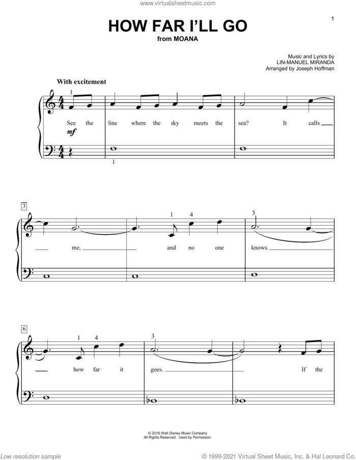 How Far I'll Go (from Moana) (arr. Joseph Hoffman) sheet music for piano solo by Lin-Manuel Miranda, Joseph Hoffman and Alessia Cara, easy skill level