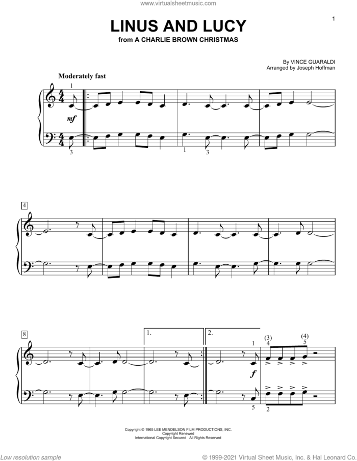 Linus And Lucy (arr. Joseph Hoffman) sheet music for piano solo by Vince Guaraldi and Joseph Hoffman, easy skill level