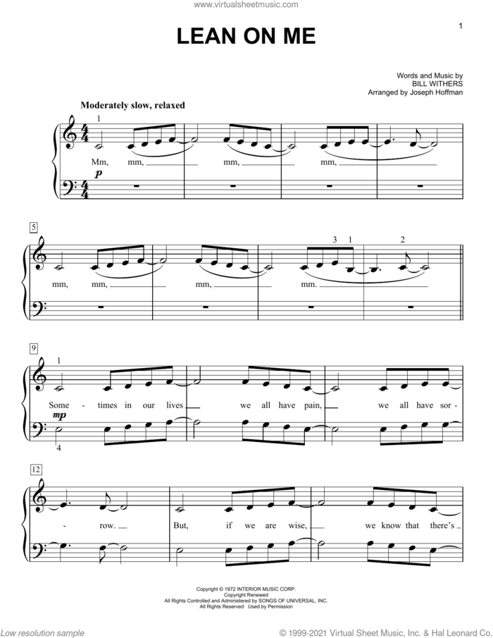 Lean On Me (arr. Joseph Hoffman) sheet music for piano solo by Bill Withers and Joseph Hoffman, easy skill level