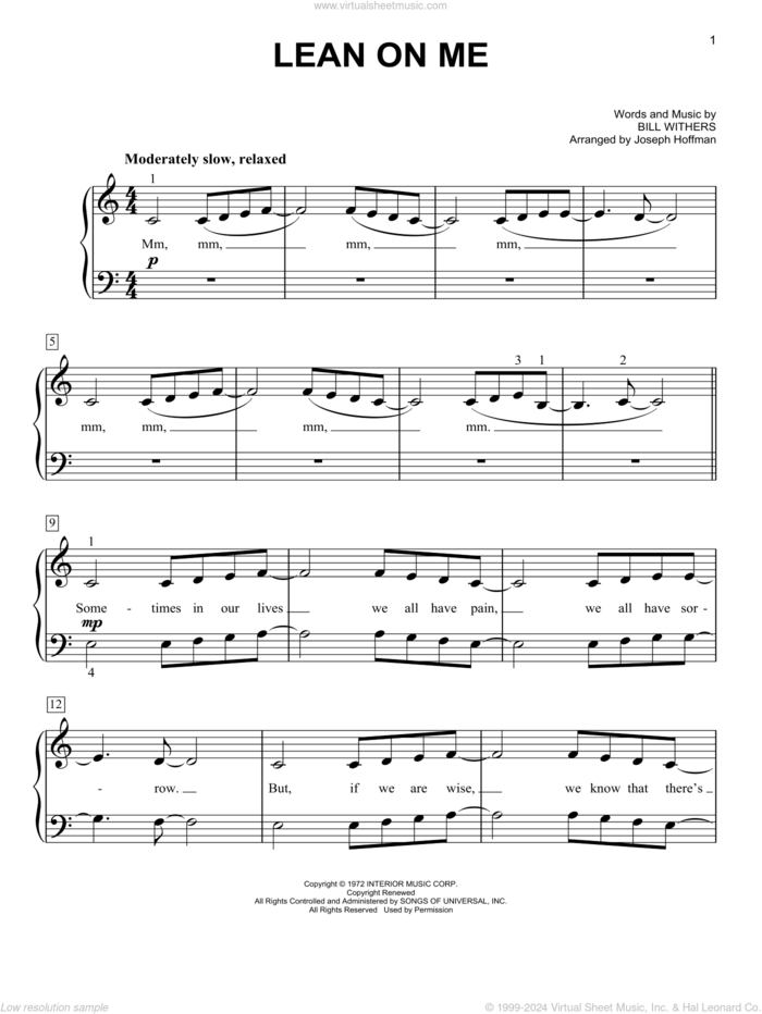 Lean On Me (arr. Joseph Hoffman) sheet music for piano solo by Bill Withers and Joseph Hoffman, easy skill level