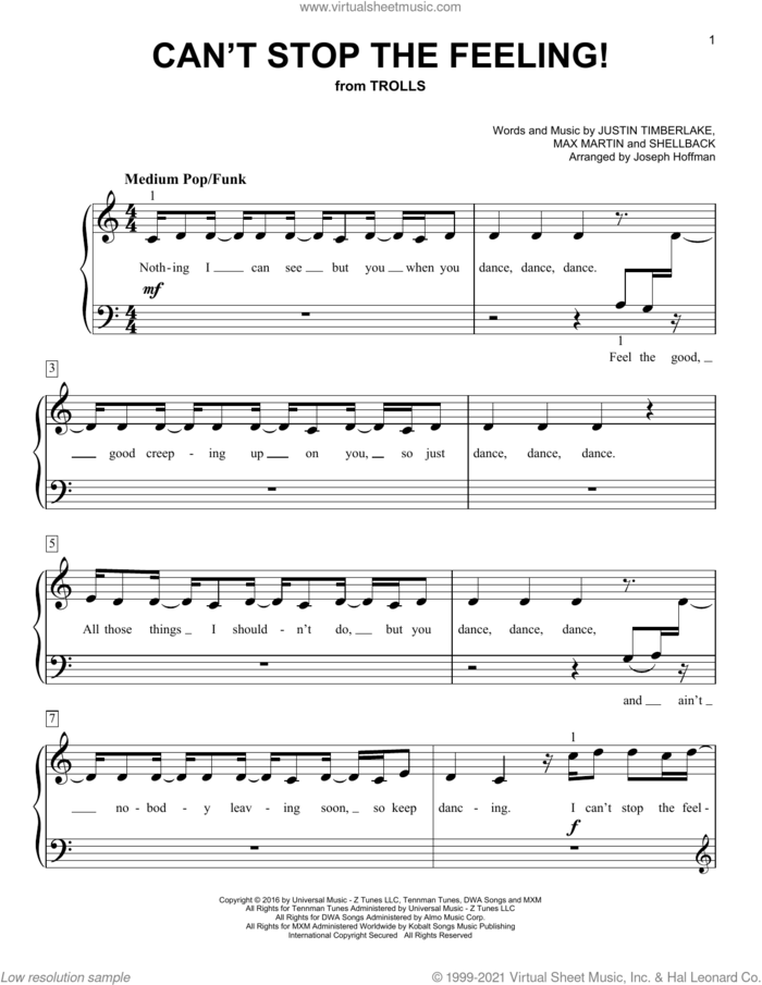 Can't Stop The Feeling! (from Trolls) (arr. Joseph Hoffman) sheet music for piano solo by Justin Timberlake, Joseph Hoffman, Johan Schuster, Max Martin and Shellback, easy skill level