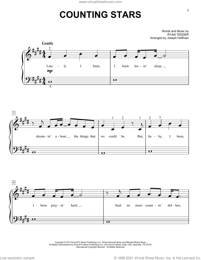 Counting Stars (arr. Joseph Hoffman) sheet music for piano solo by OneRepublic, Joseph Hoffman and Ryan Tedder, easy skill level