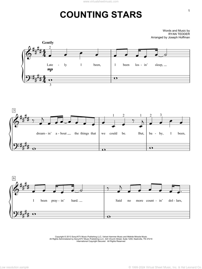 Counting Stars (arr. Joseph Hoffman) sheet music for piano solo by OneRepublic, Joseph Hoffman and Ryan Tedder, easy skill level