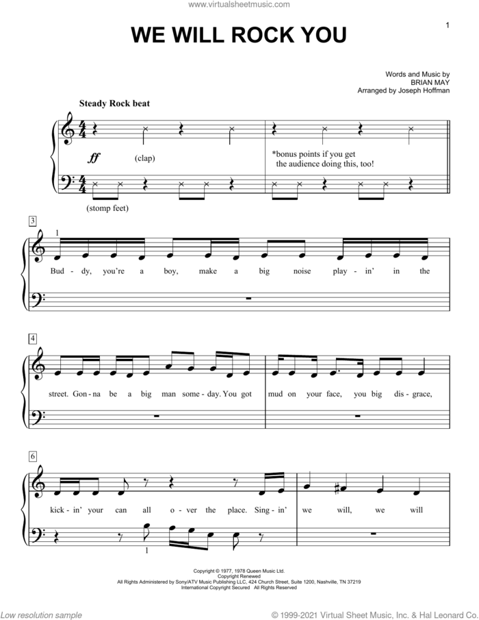 We Will Rock You (arr. Joseph Hoffman) sheet music for piano solo by Queen, Joseph Hoffman and Brian May, easy skill level