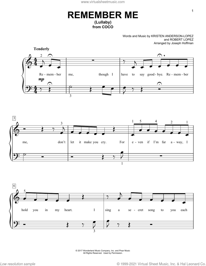 Remember Me (Lullaby) (from Coco) (arr. Joseph Hoffman) sheet music for piano solo by Kristen Anderson-Lopez & Robert Lopez, Joseph Hoffman, Kristen Anderson-Lopez and Robert Lopez, easy skill level