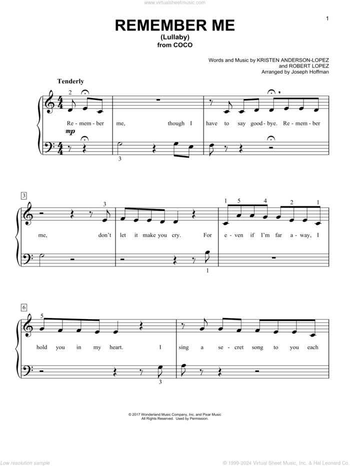 Remember Me (Lullaby) (from Coco) (arr. Joseph Hoffman) sheet music for piano solo by Kristen Anderson-Lopez & Robert Lopez, Joseph Hoffman, Kristen Anderson-Lopez and Robert Lopez, easy skill level