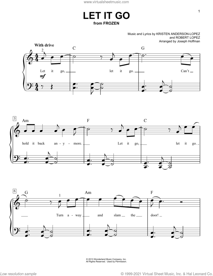 Let It Go (from Frozen) (arr. Joseph Hoffman) sheet music for piano solo by Idina Menzel, Joseph Hoffman, Kristen Anderson-Lopez and Robert Lopez, easy skill level
