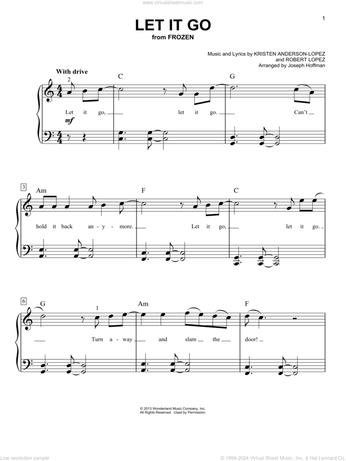 Let It Go (from Frozen) (arr. Joseph Hoffman) sheet music for piano solo by Idina Menzel, Joseph Hoffman, Kristen Anderson-Lopez and Robert Lopez, easy skill level