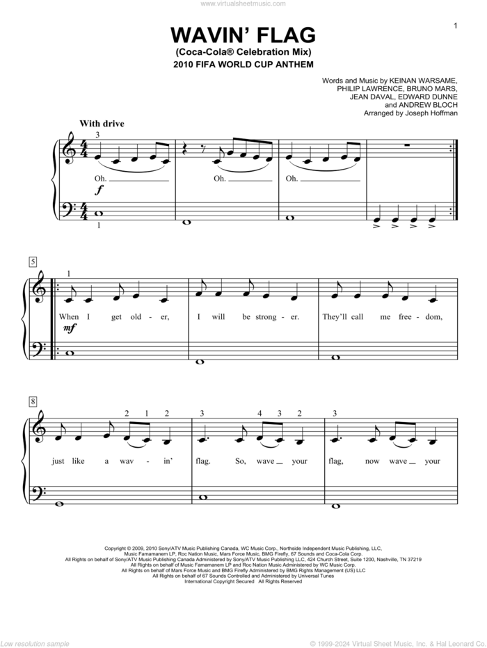 Wavin' Flag (Coca-Cola Celebration Mix) (2010 FIFA World Cup Anthem) (arr. Joseph Hoffman) sheet music for piano solo by K'naan, Joseph Hoffman, Andrew Bloch, Bruno Mars, Edward Dunne, Jean Daval, Keinan Warsame and Philip Lawrence, easy skill level