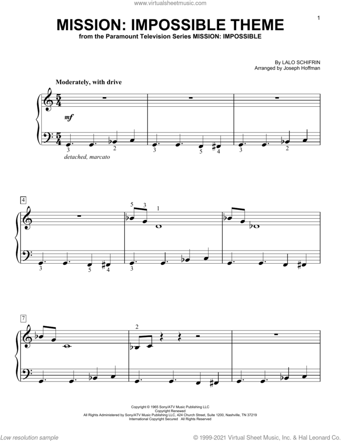 Mission: Impossible Theme (arr. Joseph Hoffman) sheet music for piano solo by Lalo Schifrin and Joseph Hoffman, easy skill level