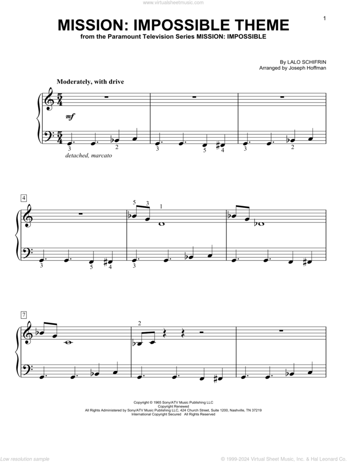 Mission: Impossible Theme (arr. Joseph Hoffman) sheet music for piano solo by Lalo Schifrin and Joseph Hoffman, easy skill level