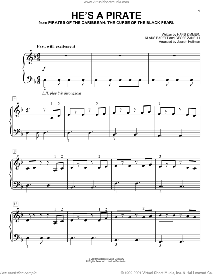 He's A Pirate (from Pirates Of The Caribbean: The Curse Of The Black Pearl) (arr. Joseph Hoffman) sheet music for piano solo by Hans Zimmer, Joseph Hoffman, Geoffrey Zanelli and Klaus Badelt, easy skill level