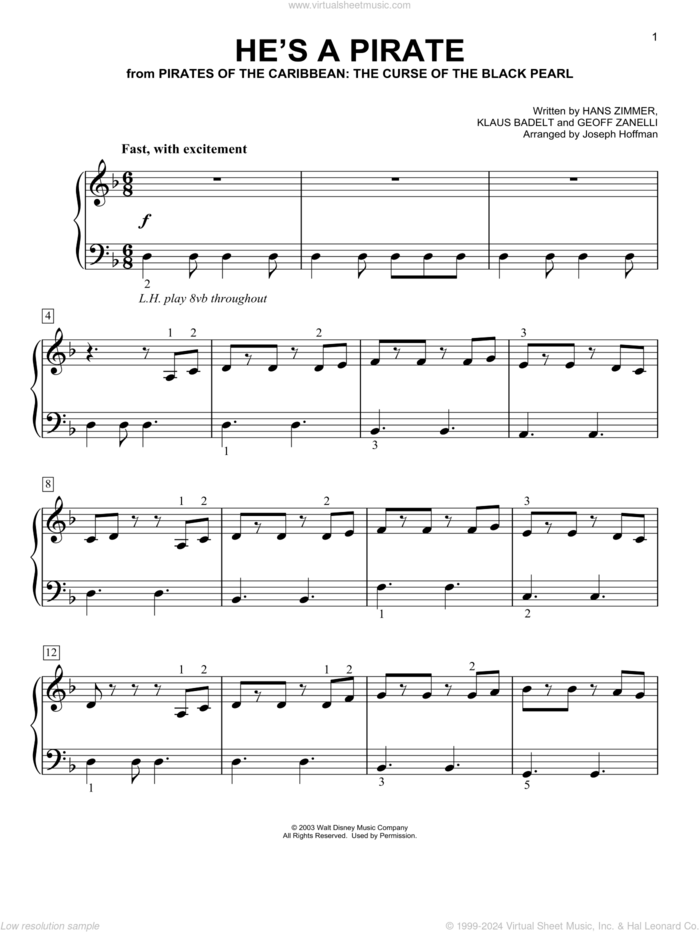 He's A Pirate (from Pirates Of The Caribbean: The Curse Of The Black Pearl) (arr. Joseph Hoffman) sheet music for piano solo by Hans Zimmer, Joseph Hoffman, Geoffrey Zanelli and Klaus Badelt, easy skill level