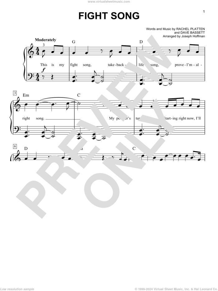 Fight Song (arr. Joseph Hoffman) sheet music for piano solo by Rachel Platten, Joseph Hoffman and Dave Bassett, easy skill level