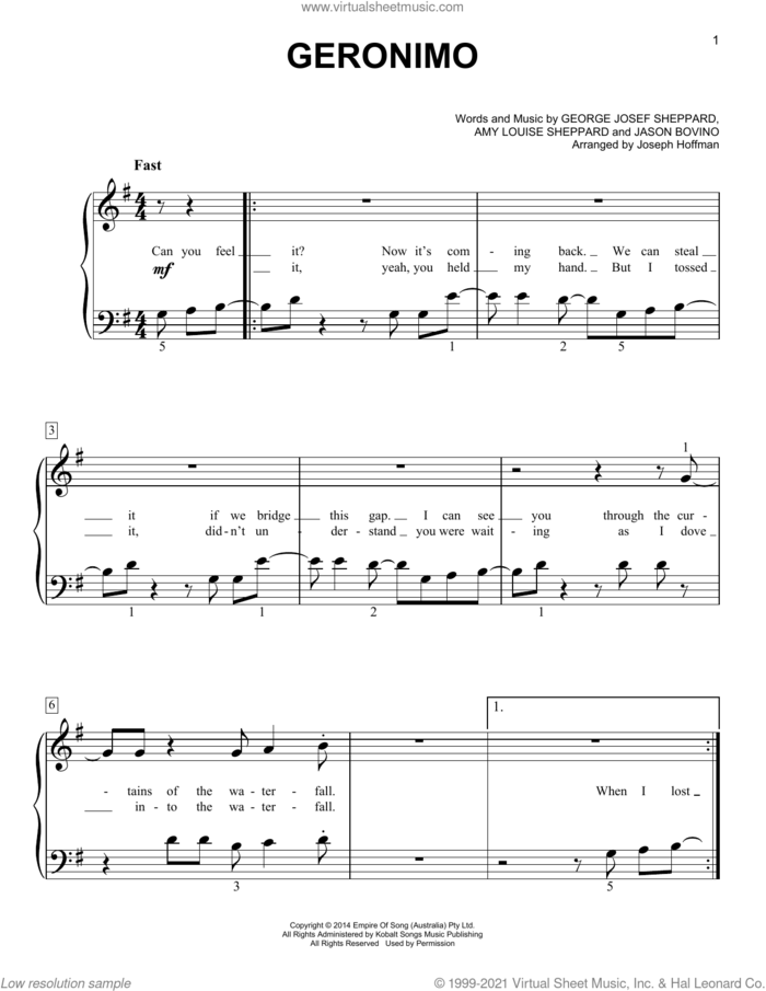 Geronimo (arr. Joseph Hoffman) sheet music for piano solo by Sheppard, Joseph Hoffman, Amy Louise Sheppard, George Josef Sheppard and Jason Bovino, easy skill level