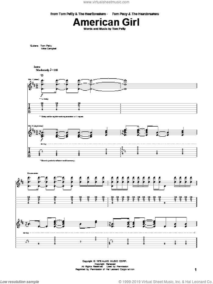 American Girl sheet music for guitar (tablature) by Tom Petty And The Heartbreakers and Tom Petty, intermediate skill level