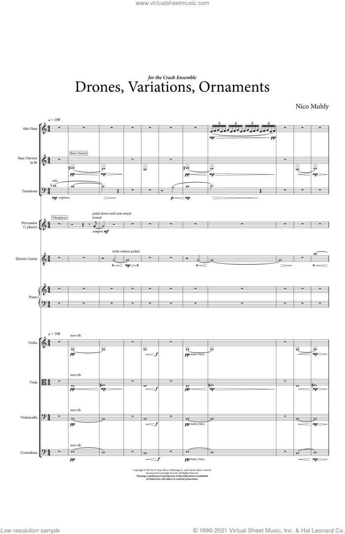 Drones, Variations, Ornaments sheet music for mixed ensemble (full score) by Nico Muhly, classical score, intermediate skill level