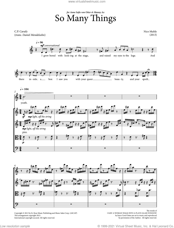 So Many Things (Mezzo-Soprano and String Quartet) sheet music for string quartet (score ands) by Nico Muhly, classical score, intermediate skill level