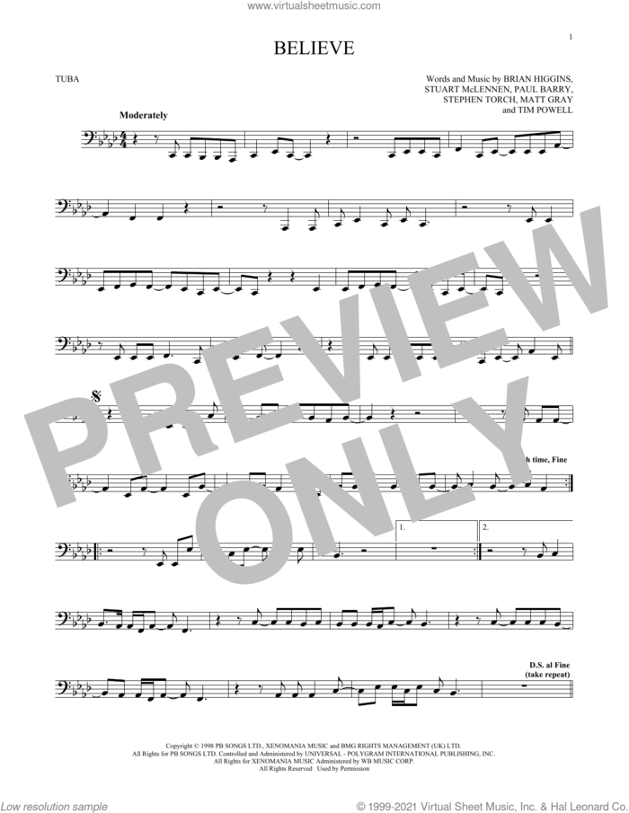 Believe sheet music for Tuba Solo (tuba) by Cher, Brian Higgins, Matt Gray, Paul Barry, Stephen Torch, Stuart McLennen and Timothy Powell, intermediate skill level