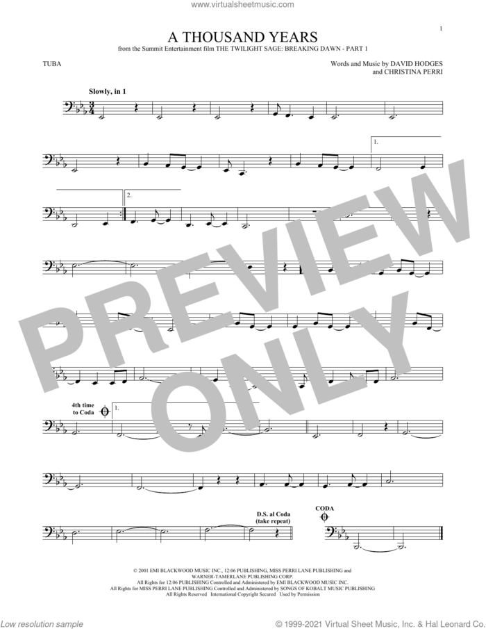 A Thousand Years sheet music for Tuba Solo (tuba) by Christina Perri and David Hodges, wedding score, intermediate skill level