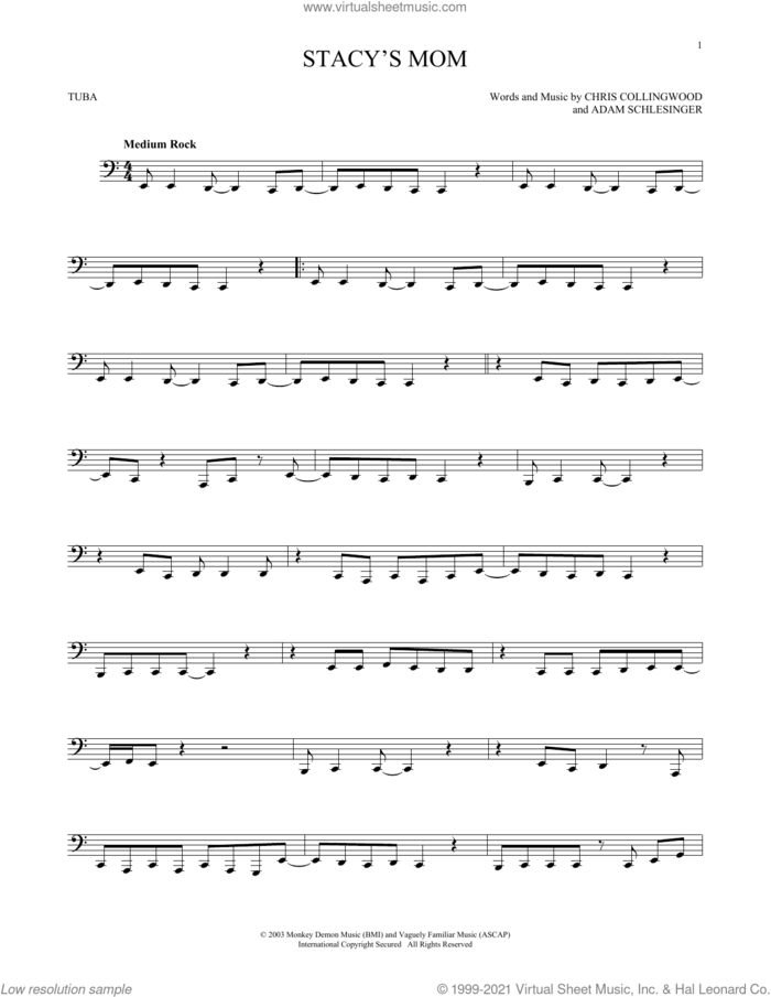 Stacy's Mom sheet music for Tuba Solo (tuba) by Fountains Of Wayne, Adam Schlesinger and Chris Collingwood, intermediate skill level