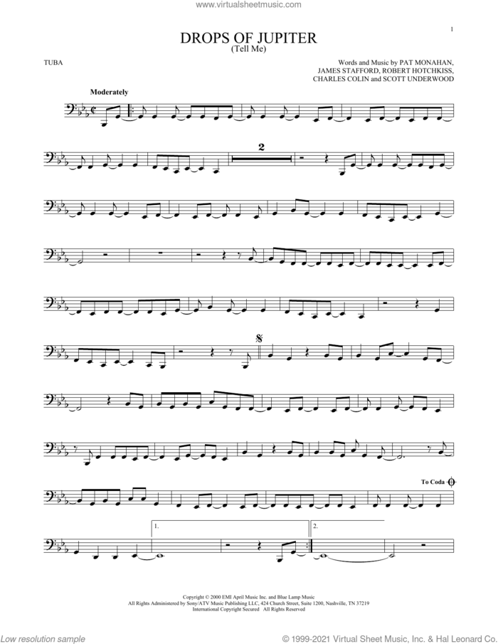 Drops Of Jupiter (Tell Me) sheet music for Tuba Solo (tuba) by Train, Charles Colin, James Stafford, Pat Monahan, Robert Hotchkiss and Scott Underwood, intermediate skill level