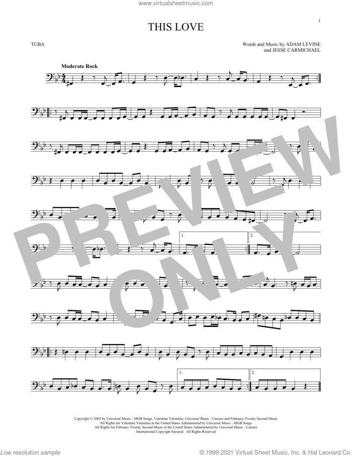 This Love sheet music for Tuba Solo (tuba) by Maroon 5, Adam Levine and Jesse Carmichael, intermediate skill level