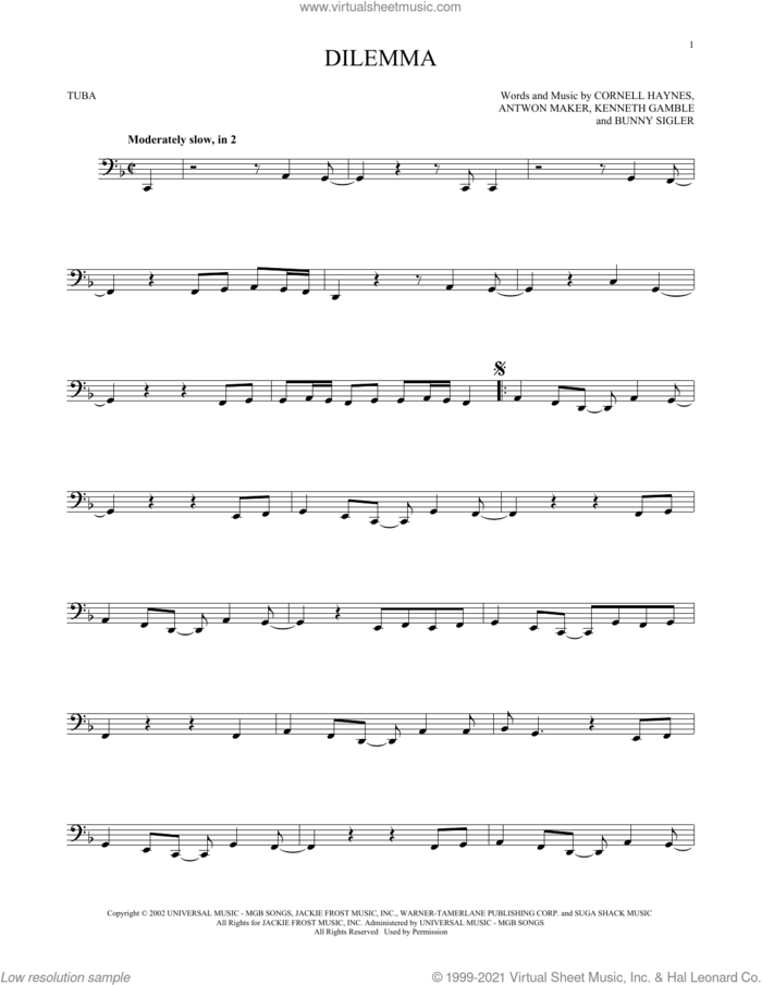 Dilemma (feat. Kelly Rowland) sheet music for Tuba Solo (tuba) by Nelly, Antoine Macon, Bunny Sigler, Cornell Haynes and Kenneth Gamble, intermediate skill level