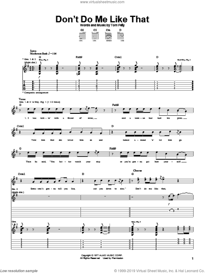 Don't Do Me Like That sheet music for guitar (tablature) by Tom Petty And The Heartbreakers and Tom Petty, intermediate skill level