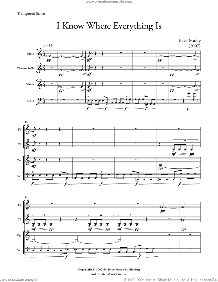 I Know Where Everything Is sheet music for mixed ensemble (score) by Nico Muhly, classical score, intermediate skill level